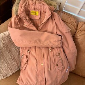 Women's Pink Parka Jacket with Faux Fur Hood